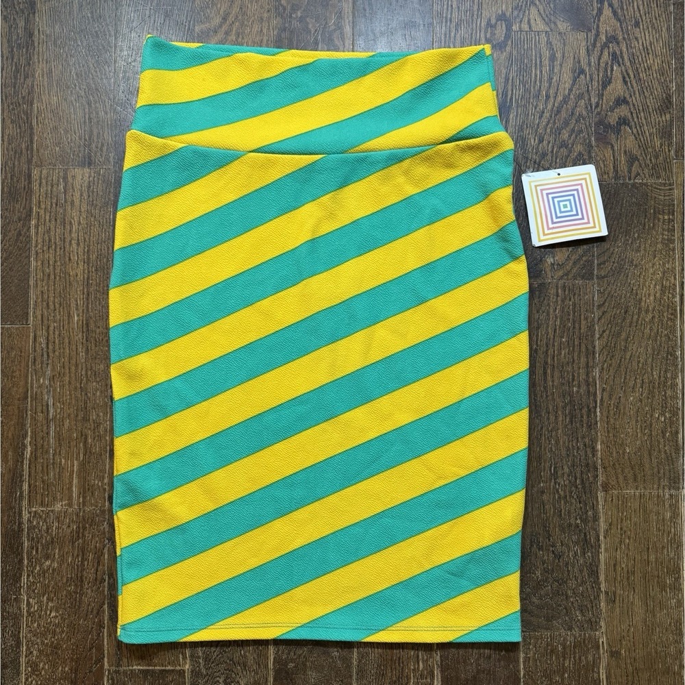 LuLaRoe Skirt Women's Size Small Yellow & Teal Striped Stretch NWT‎ Made In USA
